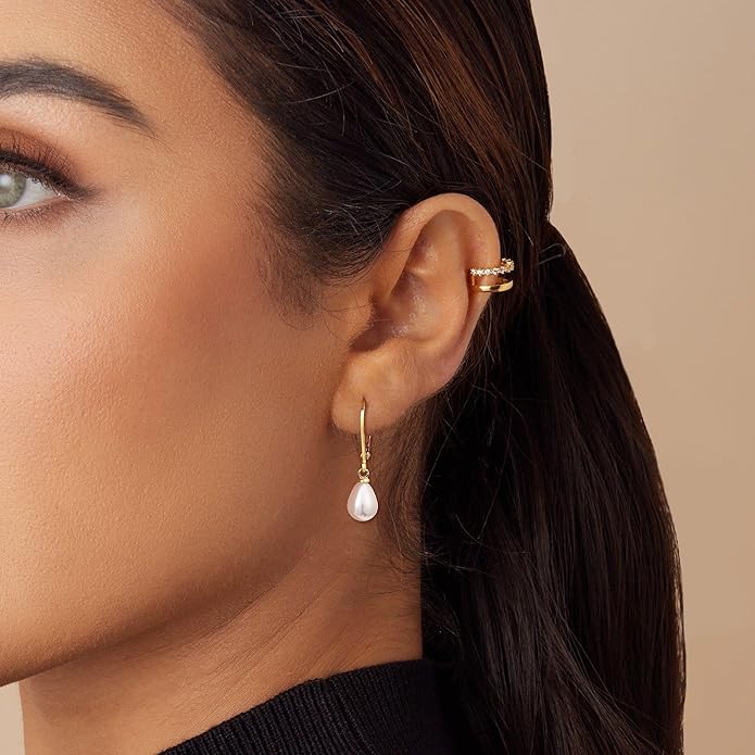 Freekiss Pearl Earrings for Women Trendy: Flat Back Stud Earrings 14K Gold Plated/925 Sterling Silver Freshwater Pearl Dangle Earrings Cute Bow Earrings Wedding Jewelry Birthday Gifts for Women Girls