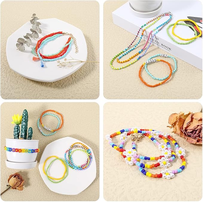 Miss Rabbit Seed Bead Kit, for Jewelry Making 24000 PCS 3mm Glass Seed Beads and 100 PCS 5mm Alphabet Letter for Bracelets Making with Elastic Cords, Scissors, Tassels