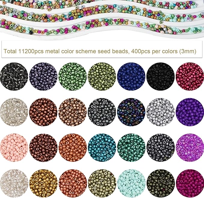 JOJOPLAY 11200pcs Glass Seed Beads for DIY Crafting Bracelet Necklace Embroidery Jewelry Making Supplies (3mm, 400pcs/Color, 28 Colors, Metallic Scheme)