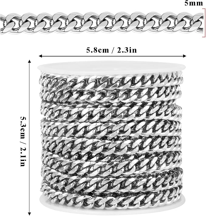 33FT Stainless Steel Cuban Chain Roll 5MM Width Diamond-Cut Curb Link Chains Spool Bulk for DIY Crafts Jewelry Making