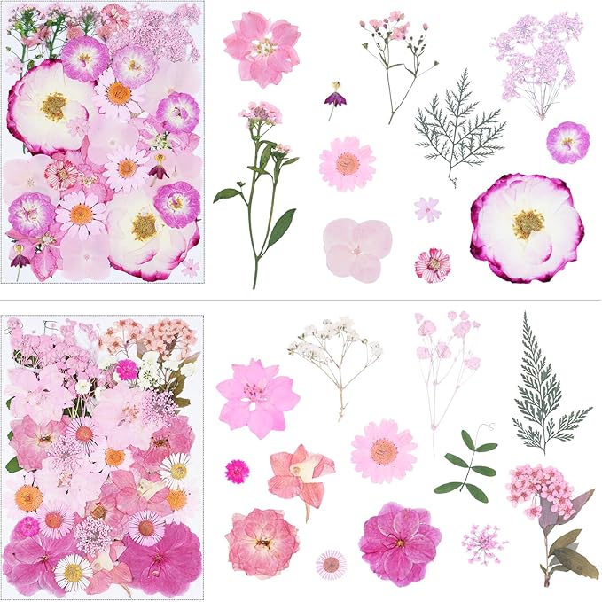 92Pcs Pink Dried Pressed Flowers for Crafts,Xinxinran Dry Flowers Kit for Resin Molds,Epoxy Resin Accessories,Bookmark,Nails, Jewelry Molds,Candle Making Supplies,Soap,Frame