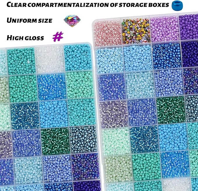 JOJOPLAY 11200pcs Glass Seed Beads for DIY Crafting Bracelet Necklace Embroidery Jewelry Making Supplies (3mm, 400pcs/Color, 28 Colors, Blue Scheme)