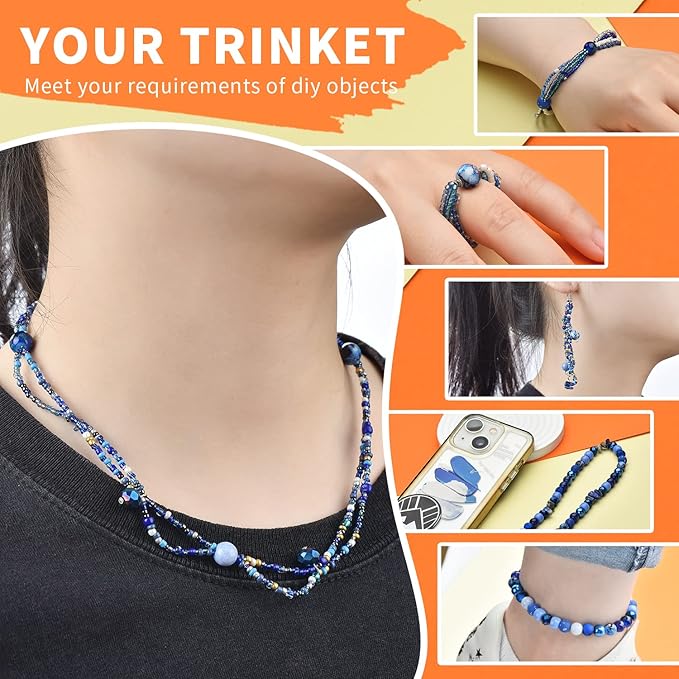 Beads for Bracelet Making Kit, Sapphire Blue Color Include 8mm Assorted Round Glass Beads, 4mm Bicone Crystal Beads, 3-4mm Seed Beads for Jewelry Making, DIY Craft