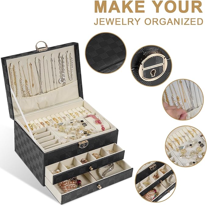 GUOER Jewelry Box for Women Girl Wife - Large PU Leather Jewelry Organizer Storage Case with 3 Layers Display for Earrings Bracelets Rings Watches (Checkered Black)