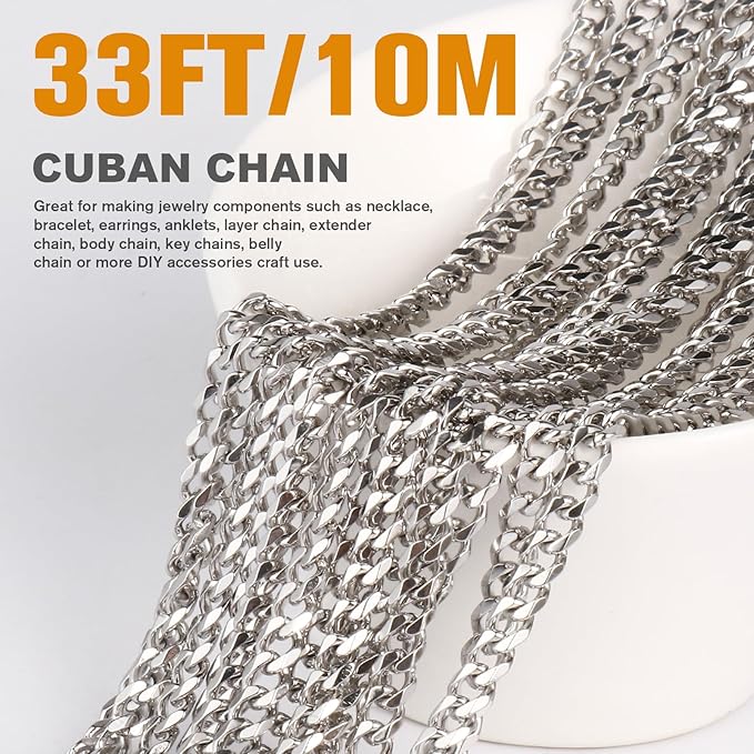 33FT Stainless Steel Cuban Chain Roll 4.3MM Width Diamond-Cut Curb Link Chains Spool Bulk for DIY Crafts Jewelry Making
