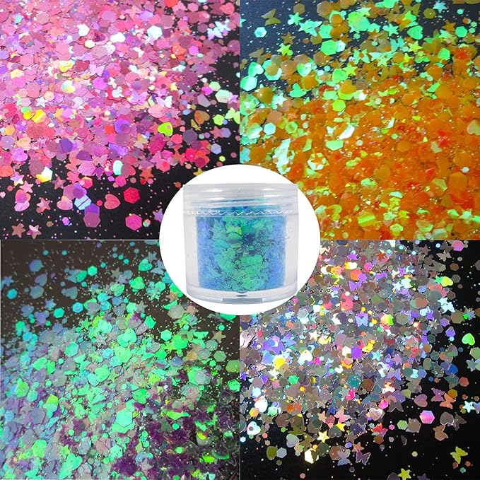 12 Colors Butterfly Star Chunky Glitter Flakes Holographic Heart Hexagon Shapes Crafts Body Glitter Sparkles Nail Sequins Stickers Accessories for Nail Arts, Resin Epoxy, Paints, Makeup