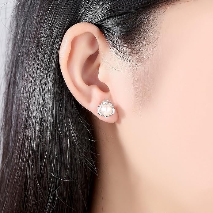"Lovely Rose" High Polished 925 Sterling Silver Earrings with 7mm Natural Freshwater Pearl