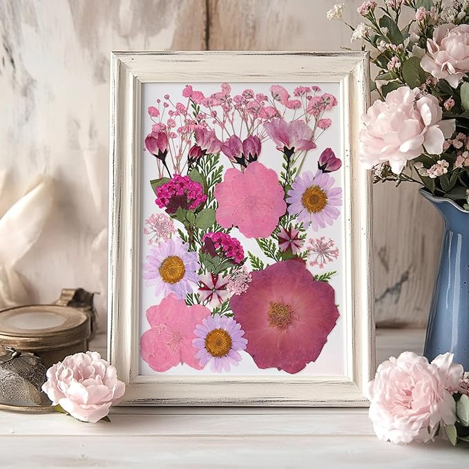 85Pcs Pink Dried Flowers for Crafts, Natural Pressed Flowers for Crafts Real Dried Pressed Flowers Dry Leaves for Resin, DIY Art, Scrapbook, Nails Decor, Jewelry, Candle & Soap Making, with Tweezers