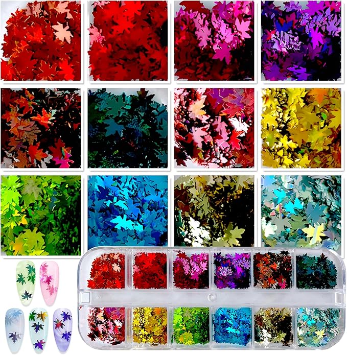 AddFavor 4 Boxes Nail Glitter Holographic Maple Chunky Glitter Flakes Mixed Shaped Flower Heart Star Iridescent Nail Sequins Decals for Fall Nail Art/False Eyelash Decor Supplies