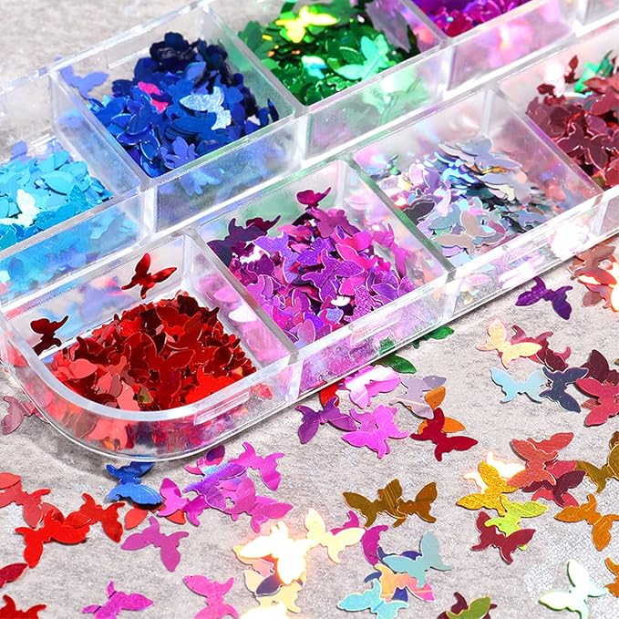 Butterfly Glitter Nail Art Sequins, 3D Sparkly Butterflies Nail Flakse Designs, 12 Colors Holographic Laser Big Small Butterfly Nail Supplies for Women Manicure Sparkle Decorations, DIY Shiny Nail Art