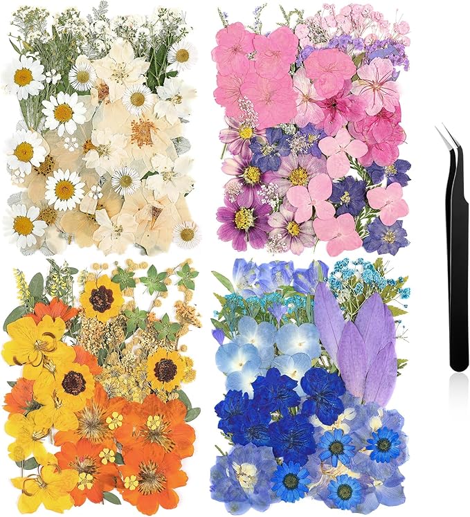 Nuanchu 200 Pcs Pressed Flowers Bulk Dried Flower for Craft Resin Mold Bookmark Scrapbooking Nail Cake White Orange Natural Pressed Dried Floral with Tweezer DIY Gift(Mixed Color,Artistic Style)