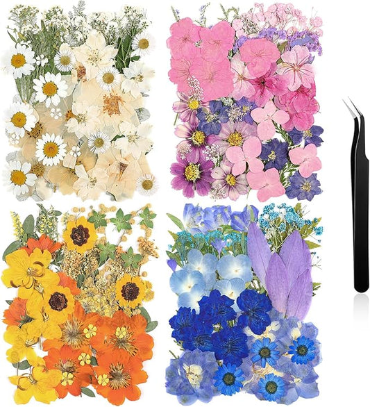 Nuanchu 200 Pcs Pressed Flowers Bulk Dried Flower for Craft Resin Mold Bookmark Scrapbooking Nail Cake White Orange Natural Pressed Dried Floral with Tweezer DIY Gift(Mixed Color,Artistic Style)