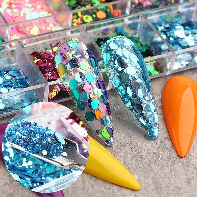 Chameleon Nail Art Glitter Sequins, 3D Sparkly Nail Flakes Decorations, Holographic Laser Gradient Nail Art Design, Shiny Glitters Powder Accessories Supplies for Women Girls, DIY Resin Nail Art Tips