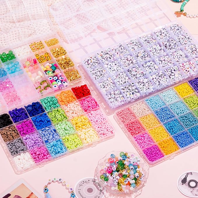Goldwise Friendship Bracelet Kit - 4 Boxes, 48 Colors Clay & 4mm Seed Beads, Letter Beads, Charms for Jewelry & Bracelet Making for Gifts & Parties