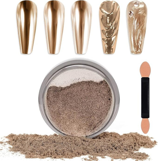 Laza Chrome Nail Powder Mirror Effect Metallic Dust Holographic Glitter Glazed Manicure Decoration Reflective Pigment for DIY Gel Polish Nail Art, Resin Craft, Gifts - Champagne Gold