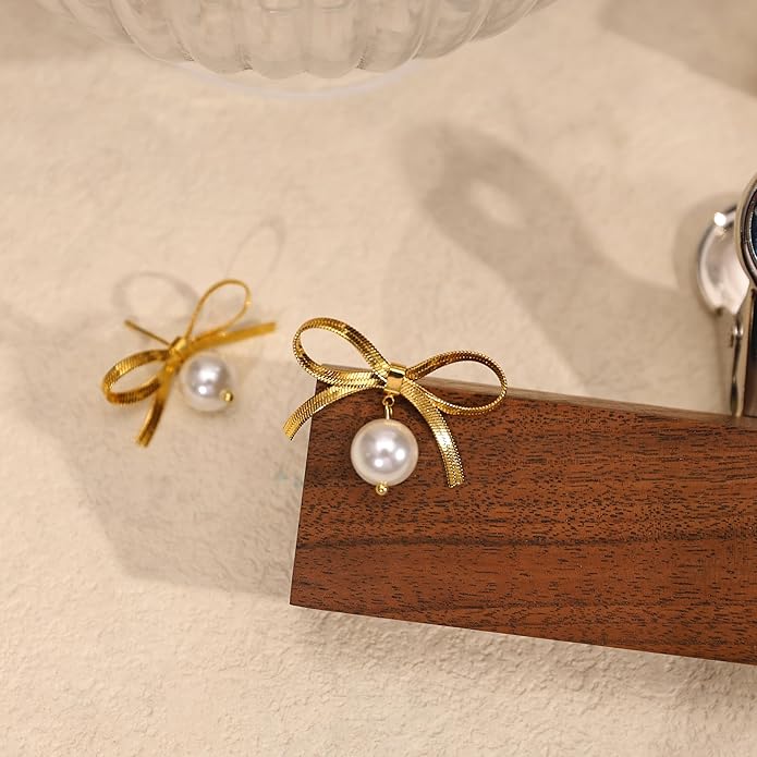 Pearl Earrings for Women - Dainty Gold Dangle Drop Earrings, 14k Gold Plated Cute Bow Design, Hypoallergenic Pearl Studs, Wedding Jewelry Gifts
