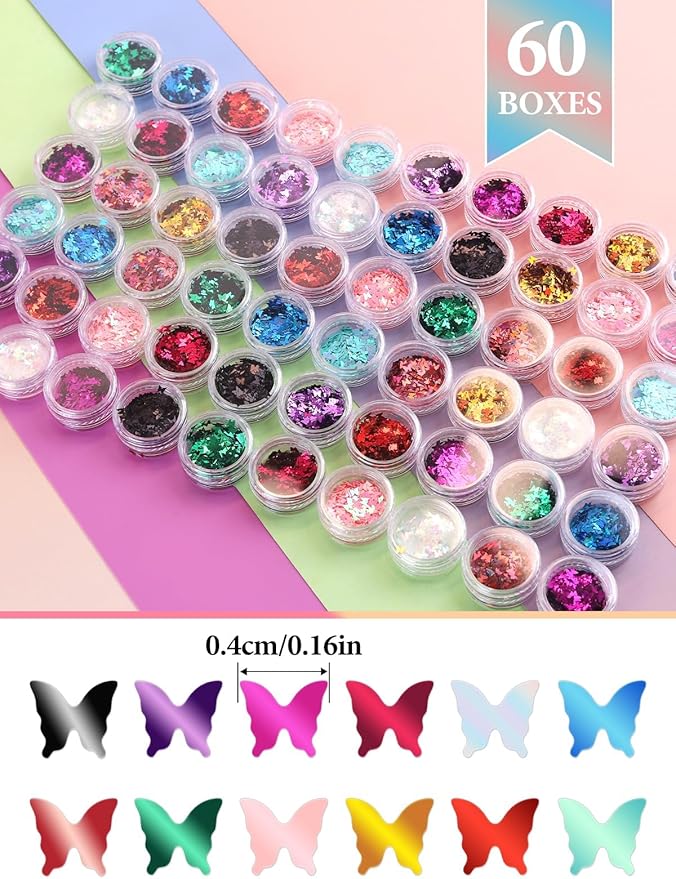 60 Pot Butterfly Nail Art Glitter Sequins, Kalolary Holographic Butterfly Nail Decals Metallic Laser Nail Art Flake Glitter for Face Eyes Nail Art Decoration DIY Craft(5 Boxes)