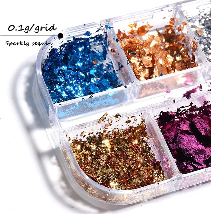 Nail Art Glitter Foils, Holographic Laser Sparkly Nail Art Flakes Sequins, 12 Colors Ultra-Thin Aluminum Nail Art Foil Design Supplies for Women Manicure Shiny Decorations, DIY Resin Nail Accessories