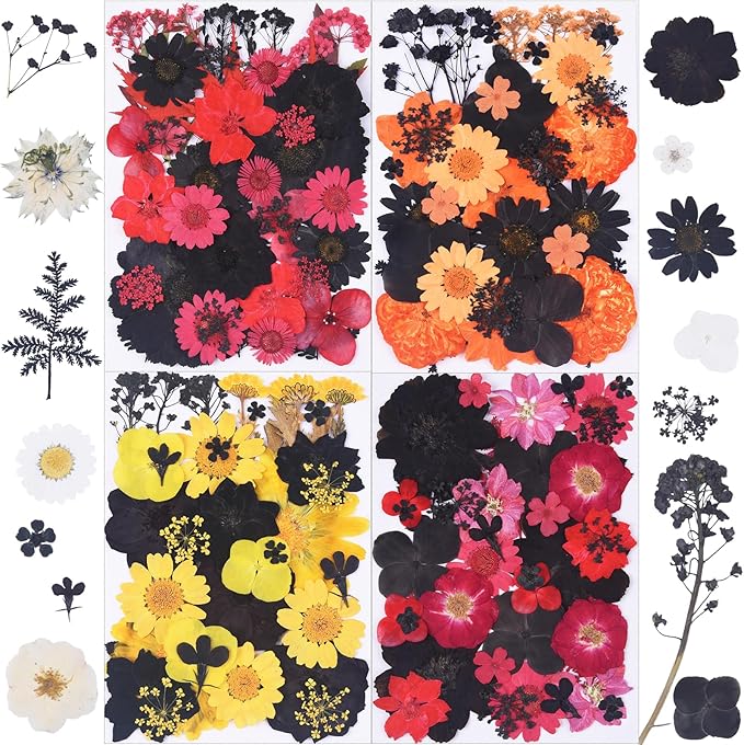 154Pcs Black Dried Pressed Flowers for Crafts,Xinxinran Dry Flowers Kit for Resin Molds,Epoxy Resin Accessories,Bookmark,Nails, Jewelry Molds,Candle Making Supplies,Soap,Frame