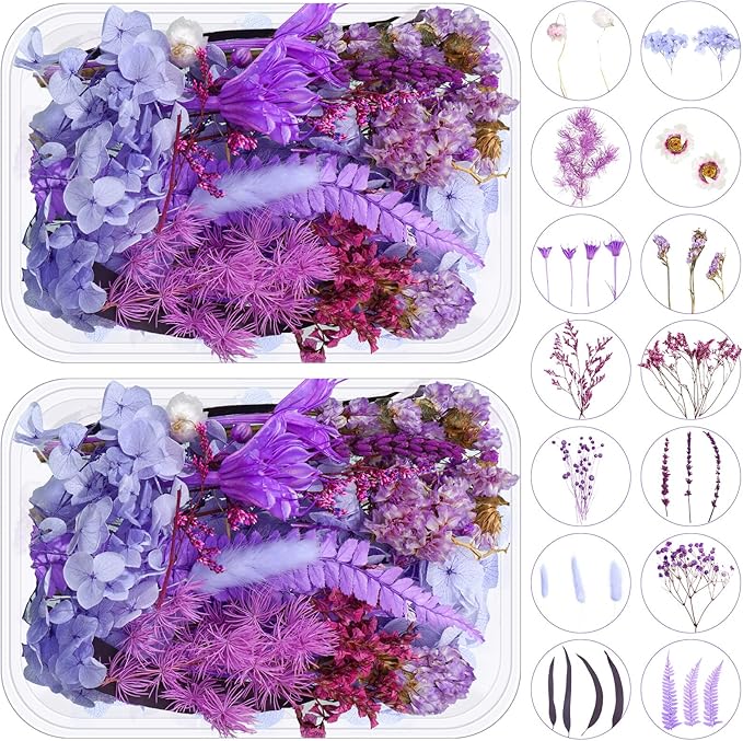 Woanger 2 Boxes Dried Purple Flowers Dried Flower for Resin Crafts Real Natural Leaves Petals 13 Types Pressed Flowers for DIY Candle Nails Making Jewelry Scrapbooking Soap Wedding Home Decor