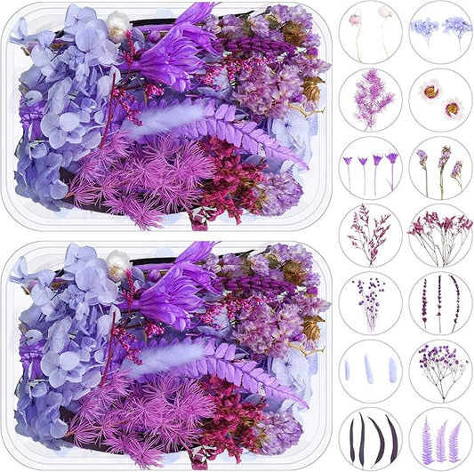 Woanger 2 Boxes Dried Purple Flowers Dried Flower for Resin Crafts Real Natural Leaves Petals 13 Types Pressed Flowers for DIY Candle Nails Making Jewelry Scrapbooking Soap Wedding Home Decor