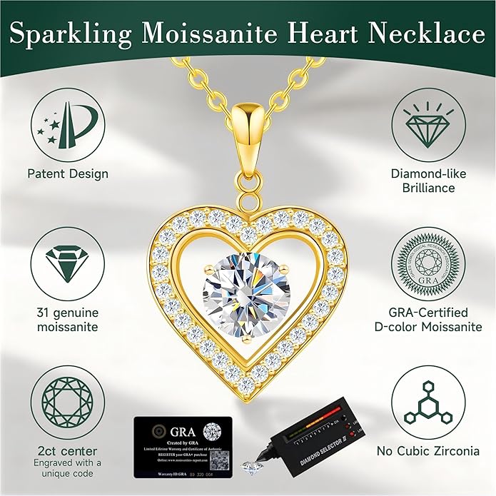 Heart Pendant Necklace for Women: Luxury Gift for Wife Girlfriend Mom/Her - 3ct D Color Moissanite - Gold Jewelry with Gift Box- Hypoallergenic & Adjustable Chain - Daily & Special Occasion Wear