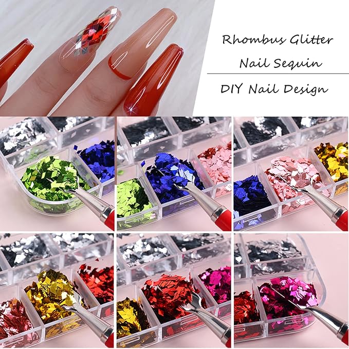 3D Sparkly Glitter Sequins, Holographic Rhombus Shape Glitters Nail Flakes, 12 Colors Rhombus Nail Art Glitter Design for Women, DIY Shiny Fingernail Crafts Decorations