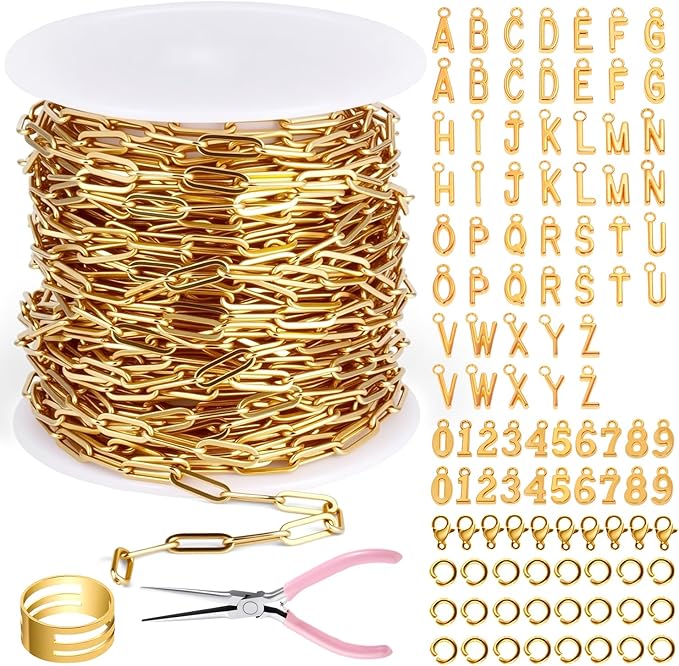 16.4Ft Paperclip Chains Rolls, Charm Necklace Chain 3.2mm Width，18K Gold Necklace Chain for Jewelry Making，Plated Charm Bracelet Making kit with 10 Lobster Clasps and 60 Jump Rings (Gold Combination)