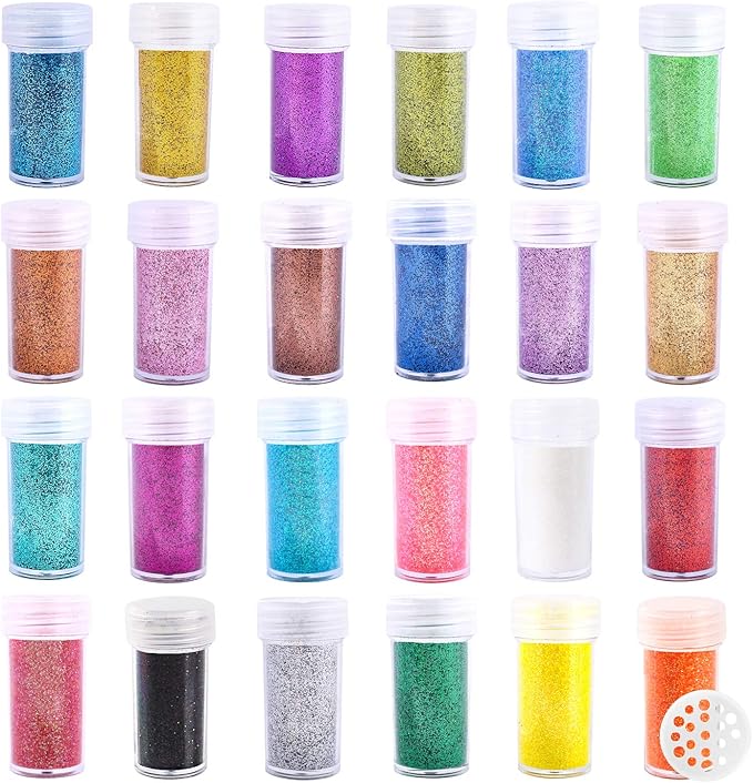 Extra Fine Glitter, Set of 24 Colors Nail Arts Face Hair Eye Lip Gloss Makeup Glitter, Slime,Tumbler and Epoxy Resin Crafts Loose Powder Shaker
