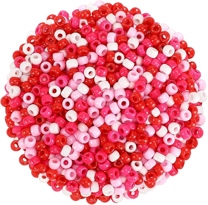 UPINS 1200Pcs Valentine's Day Pony Beads for Jewelry Making Bracelets Crafts Plastic Small Spacer Beads Pink Rose Red White Pony Beads DIY Hair Beads for Necklace Bracelets Earrings Supplies