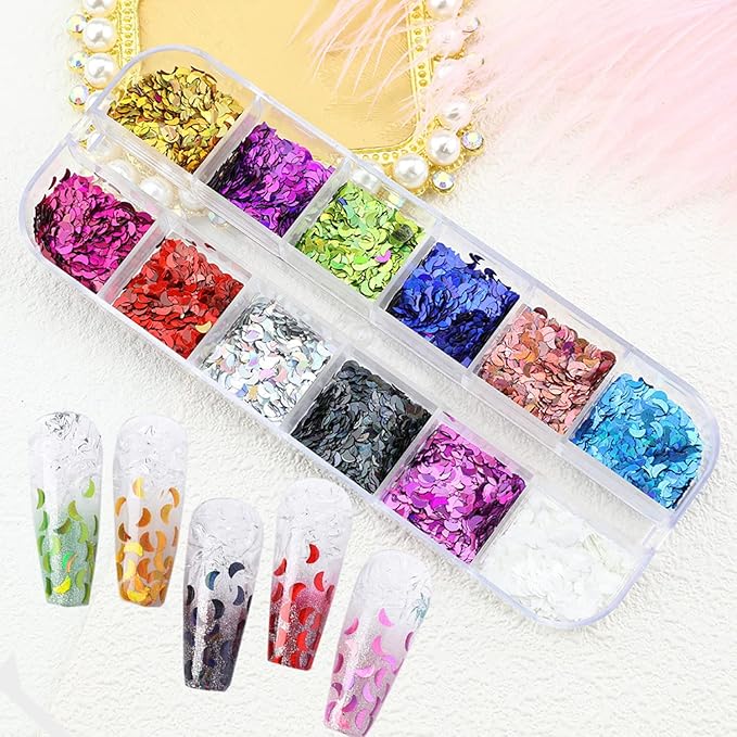 12 Colors Moon Nail Art Glitter Sequins, 3D Sparkly Crescent Nail Flakes Designs, Holographic 3D Laser Moon Nail Sequins Supplies for Women Girls Manicure Sparkly Decorations, DIY Shiny Nail Art