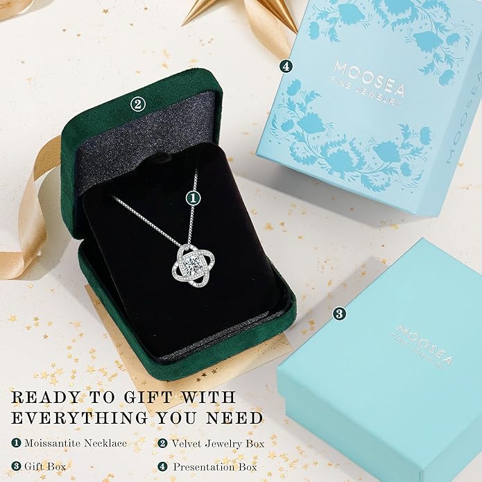 MOOSEA Valentines Day Gifts for Her, 1-3 ct Love Knot Moissanite Necklace Lab Created Moissanite 925 Sterling Silver Necklace Anniversary Jewelry Gifts Birthday Gifts for Her Wife Girlfriend Mom