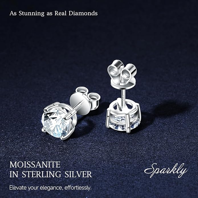 Moissanite Earrings for Men Women, 0.2ct-3.0ct Men 925 Sterling Silver Earrings, Round Cut Diamond Stud Earrings for Women