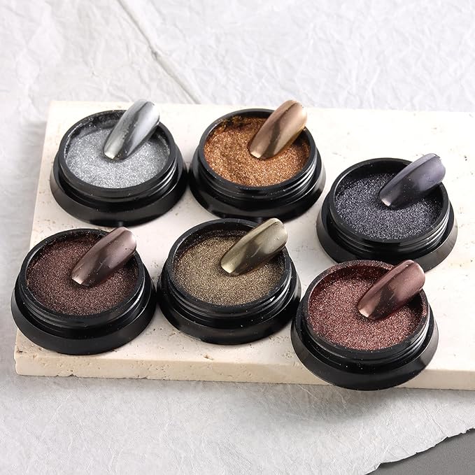 Chrome Nail Powder Mirror Effect Metallic Dust, 6 Colors Bronze Brown Black Rose Gold Holographic Glitter Chrome Powder Pigment for DIY Gel Polish Nail Art Decoration, Resin Craft