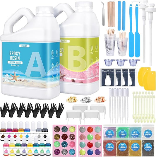 OcePor Epoxy Resin 1 Gallon - Clear Epoxy Resin Kit with 16 Pigments and 8 Colors of Mica Powders - No Yellowing No Bubble Casting Resina for Art Crafts, Jewelry Making & Resina Molds(1/2 Gallon x 2)
