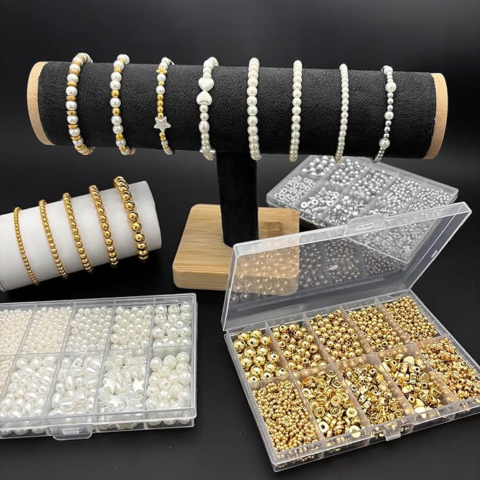 1300pcs Pearl Round Spacer Beads Set 3/4/5/6/8mm 5 Size and 5 Styles Pearl Spacer Beads for Bracelets Jewelry Making Necklace Earring Making Supply