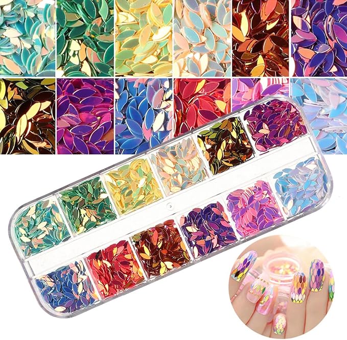 12 Colors Nail Art Glitter Sequins, 3D Sparkly Leaf Shape Nail Flakes Designs, Holographic Ultra-Thin Laser Leaf Glitter Acrylic Nails Supplies for Women Girls Manicure Decorations, DIY Shiny Crafts