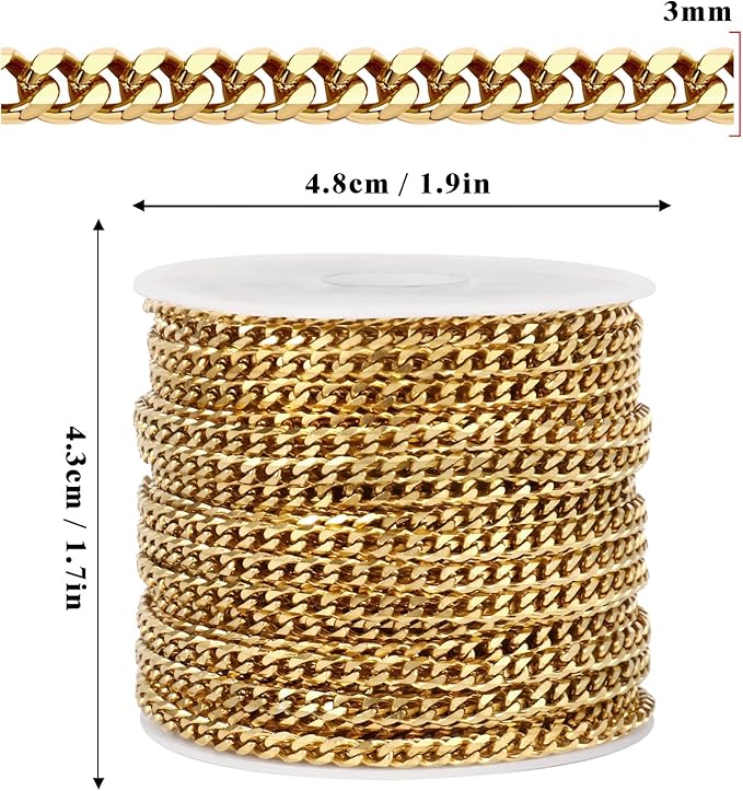 33FT Gold Cuban Chain Roll 3MM 18K Gold Plated Diamond-Cut Curb Link Chains Spool Bulk for DIY Crafts Jewelry Making