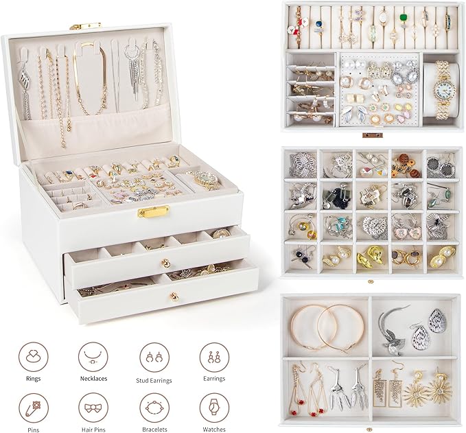 GUOER Jewelry Box for Women Girl Wife 3 Layers Large PU Leather Jewelry Organizer Storage Case with Two drawers Display for Earrings Bracelets Rings Watches (White)