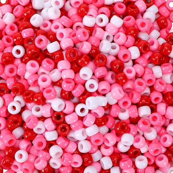 UPINS 1200Pcs Valentine's Day Pony Beads for Jewelry Making Bracelets Crafts Plastic Small Spacer Beads Pink Rose Red White Pony Beads DIY Hair Beads for Necklace Bracelets Earrings Supplies