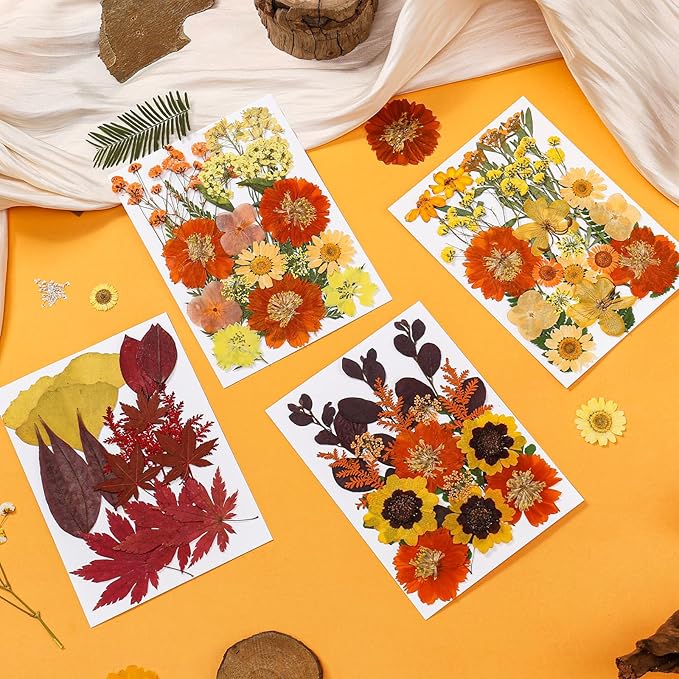 85Pcs Dried Flowers for Crafts, Natural Pressed Flowers for Crafts Real Dried Pressed Flowers Dry Leaves in Orange & Yellow for Resin, DIY Art, Scrapbook, Jewelry, Candle & Soap Making w/ Tweezer