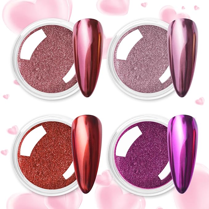 Allstarry Pink Chrome Nail Powder, Metallic 4 Colors Valentines Nails Powder Mirror Effect Manicure Pigment Pink Red Chrome Powder Glitter Dust Women Gifts Valentines Nail Art