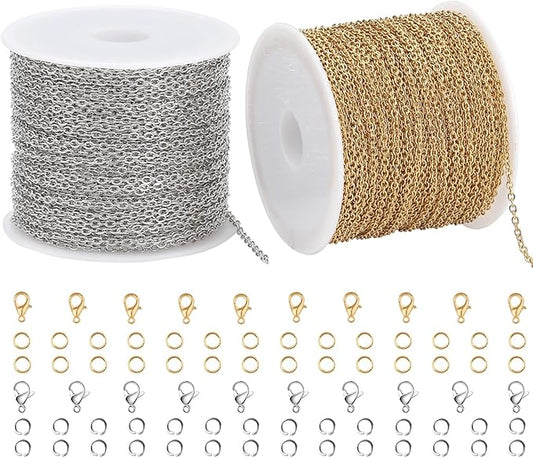 SMYHTGLIF 2 Rolls Total 65.6 Feet Oval Cable Chain for Jewelry Making Gold & Silver Stainless Steel Jewelry Making Chains DIY Craft Jewelry Findings