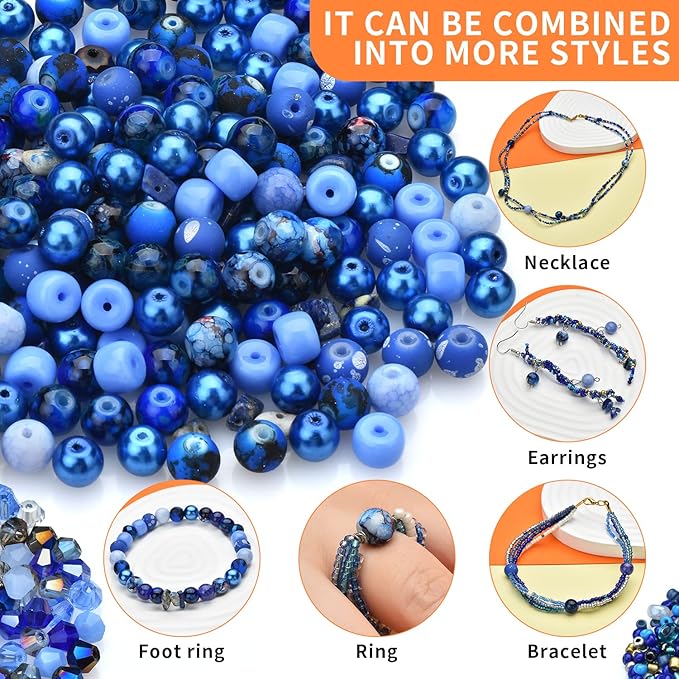 Beads for Bracelet Making Kit, Sapphire Blue Color Include 8mm Assorted Round Glass Beads, 4mm Bicone Crystal Beads, 3-4mm Seed Beads for Jewelry Making, DIY Craft