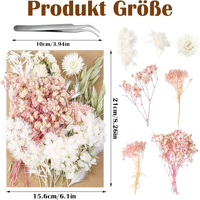 Real Dried Flowers, Natural Dry Flowers Mixed Natural Pressed Flowers Flores Secas Dried Florals for Crafts,Resin,Candle Making,Natural Flowers, Colors Vary Slightly(Pink and White)