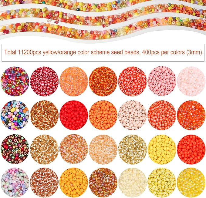 JOJOPLAY 11200pcs Glass Seed Beads for DIY Crafting Bracelet Necklace Embroidery Jewelry Making Supplies (3mm, 400pcs/Color, 28 Colors, Yellow Scheme)