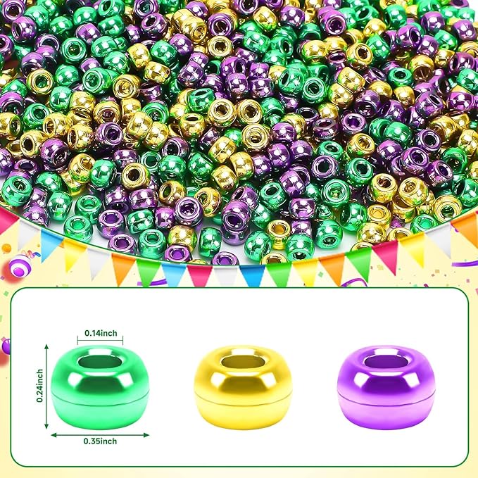 UPINS 1200Pcs Mardi Gras Pony Beads for Jewelry Making Crafts Friendship Round Plastic Gold Purple Green Beads Carnival Masquerade Party Favors Mardi Gras DIY Decor Supplies