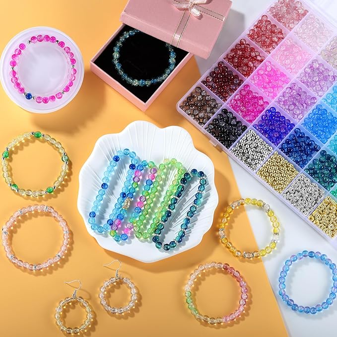 Funtopia Glass Beads Bracelet Making Kit, 1396pcs 6mm Crackle Glass Beads for Jewelry Making, 34 Colors Round Crystal Beads for Bracelets DIY Crafts with Spacer Beads and Charms