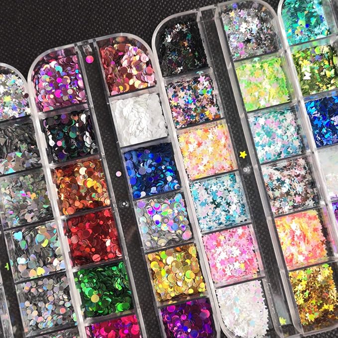 AddFavor 4 Boxes Holographic Nail Sequins Shapes Mixed Iridescent Nail Glitter Flakes Butterfly Hearts Star DIY Design Manicure Decorations Sets for Nail Art/Craft/Makeup