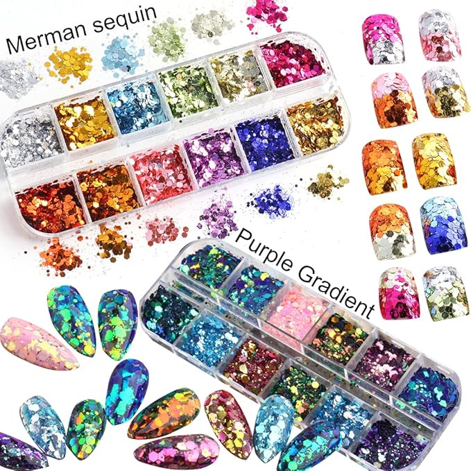UARUOGP 2 Boxes 24 Colors Chameleon Holographic Glitter Mermaid Nail Art Sequins 3D Flakes Laser Gradient Nail Glitter Design Shiny Glitters Powder Accessories for Women Manicure DIY Decorations